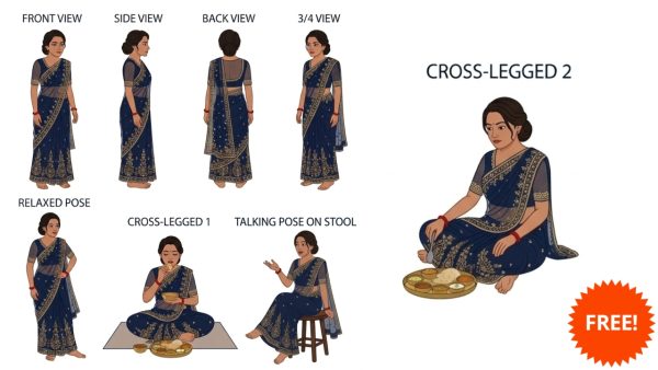 Indian Woman Farmer Cartoon Character – Multiple Pose Reference & Tracing Guide for Adobe Animate CC | Download png Sheet – FreeToon